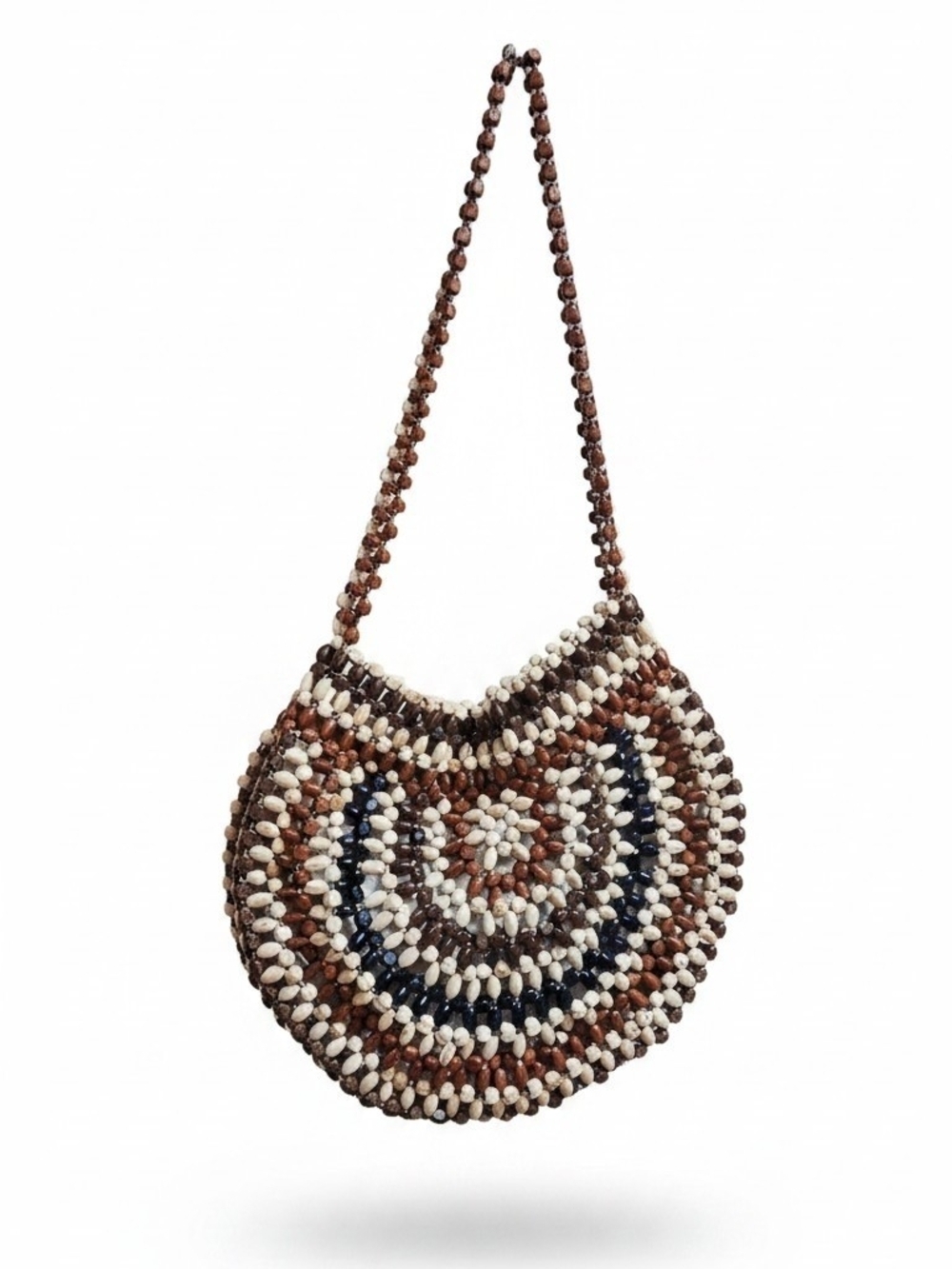 Zara Round Crescent Beaded Shoulder Bag in Brown, White and Black